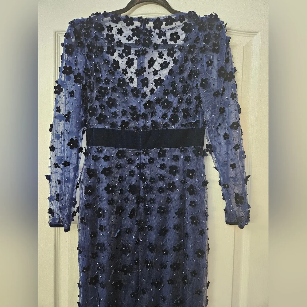 Mac Duggal Navy Embellished V Neck Illusion Long Sleeve Column Midi SZ 4 NWT - Picture 9 of 11